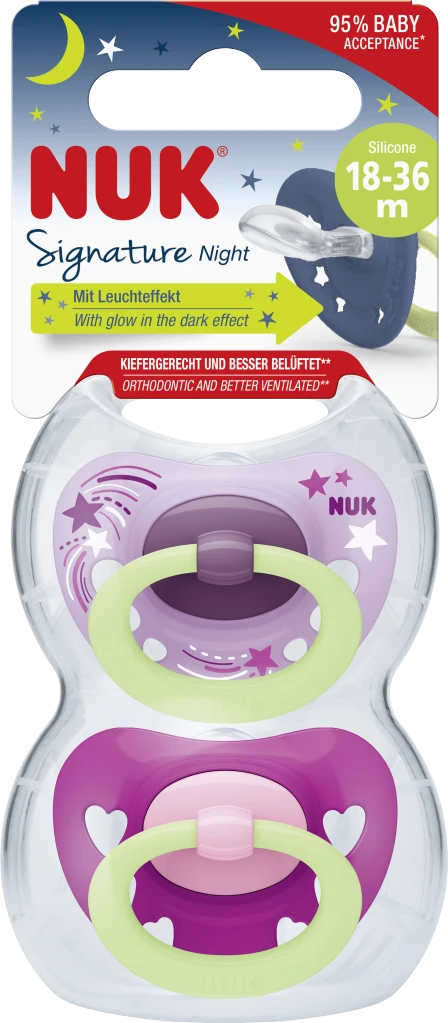 NUK Beruhigungssauger Signature Night, Flieder/Rosa 18-36 Monate