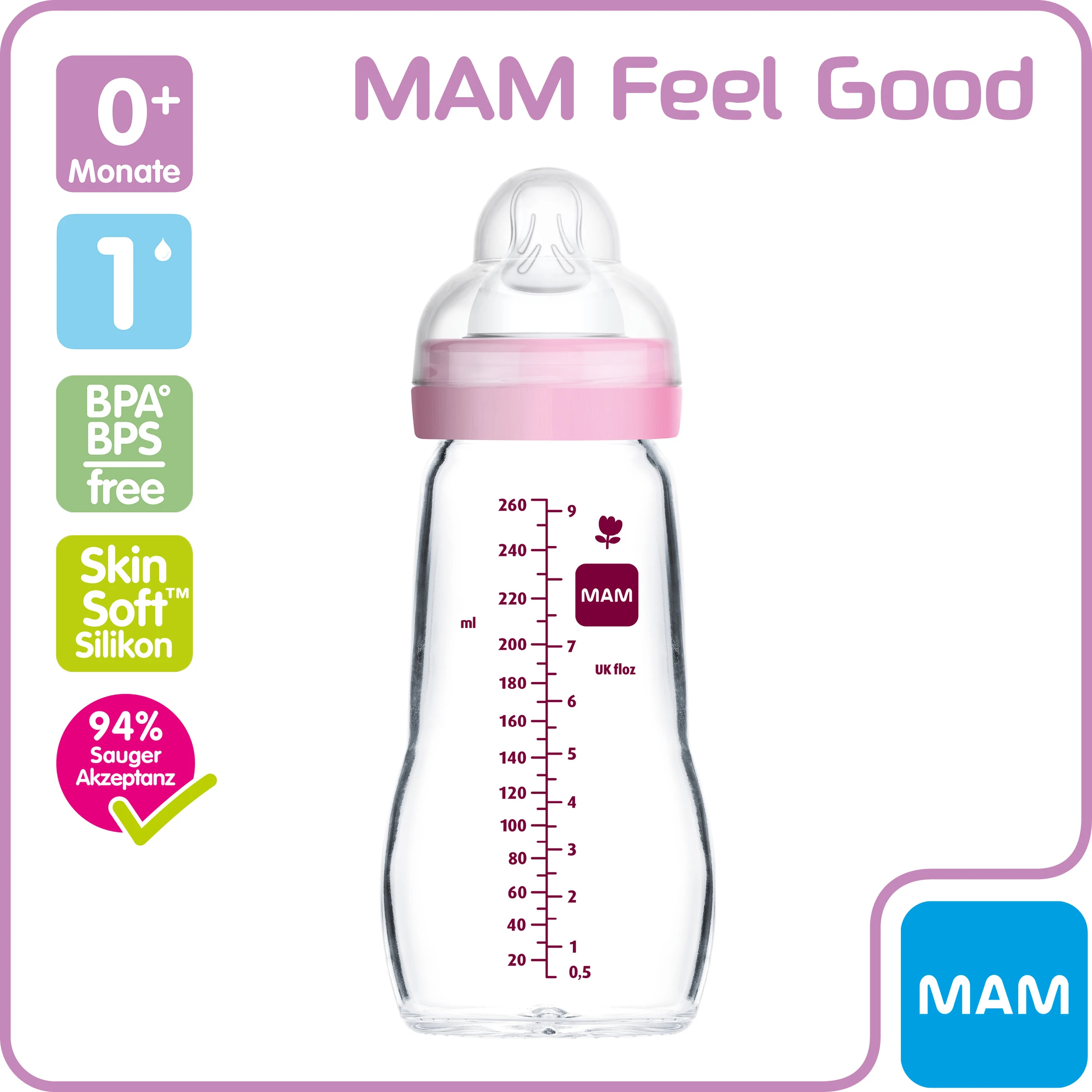MAM Feel Good Glass Bottle 260ml Rosa – Bild 3